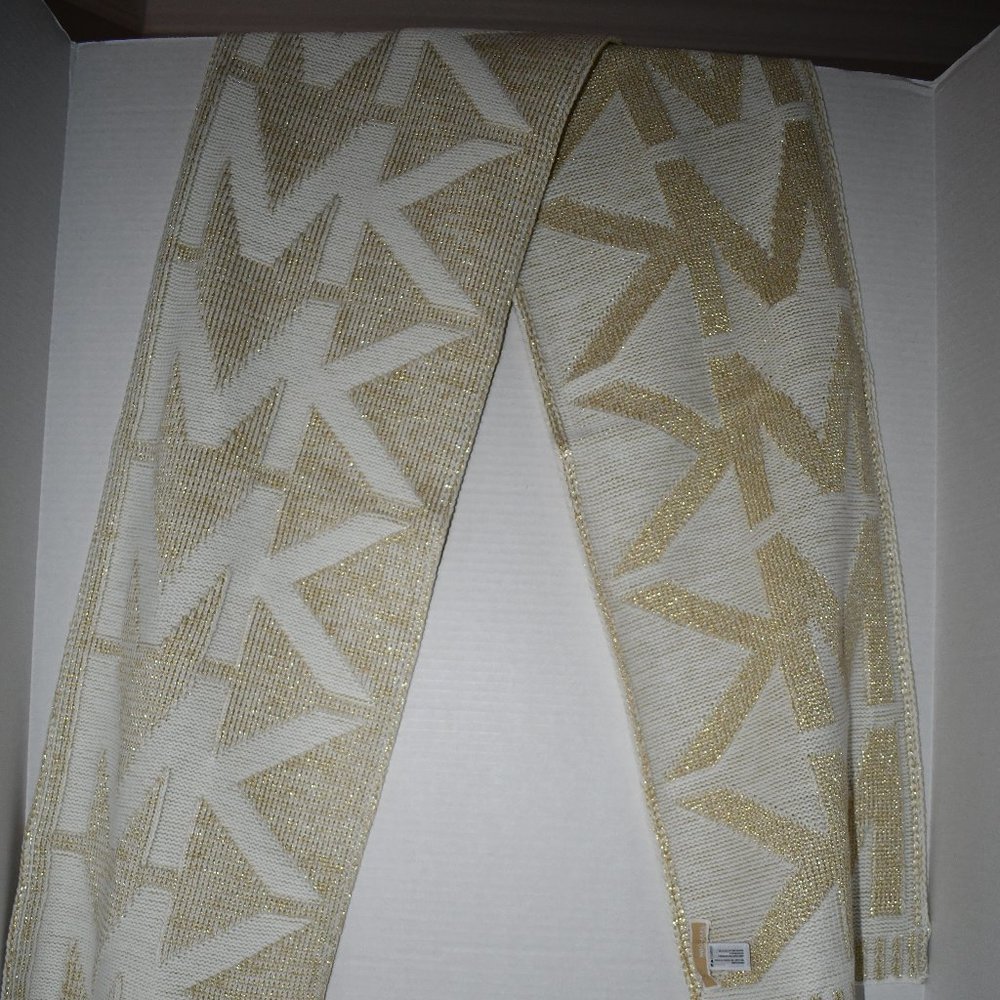 Michael Kors Metallic Jersey MK Oversized Oblong Scarf in Cream #539323 NWT